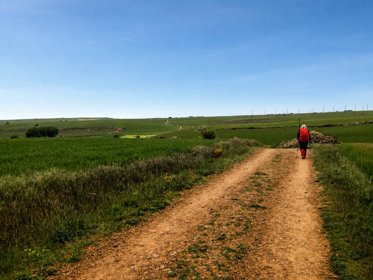 Ein Pilger mit Rucksack auf einem langen Weg durch offene Landschaft.